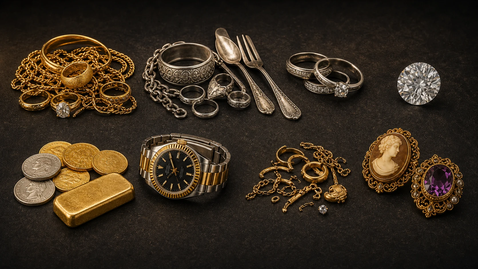 Colección de joyas, monedas, lingotes, reloj y diamante