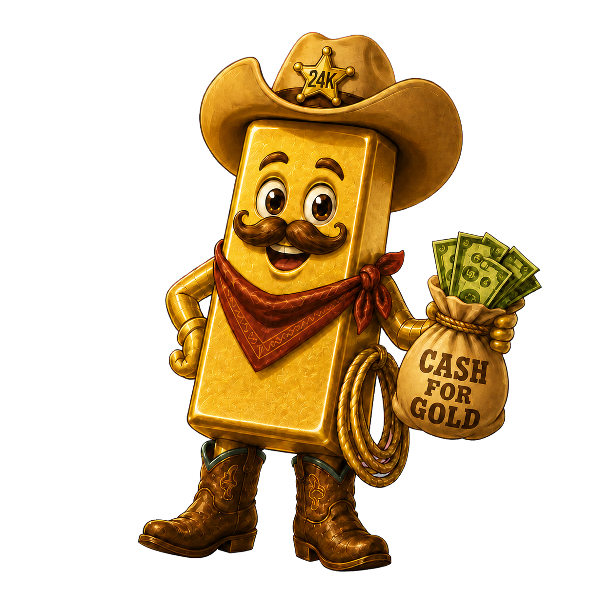 La mascota de Karat Cowboy Gold Buyer, un lingote de oro vaquero con una bolsa que dice Cash for Gold